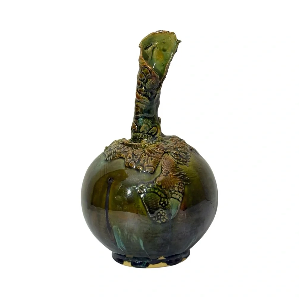 Artisan Textured Handmade Stoneware Vase Iridescent Budapest Hungary 10.25